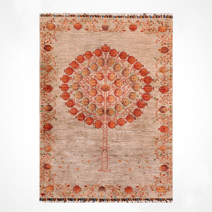 Nar Ağacı Orijinal El Dokuması Bej Kök Boya Yün Halı 104x153 1.59 Metrekare - 3x5 ft