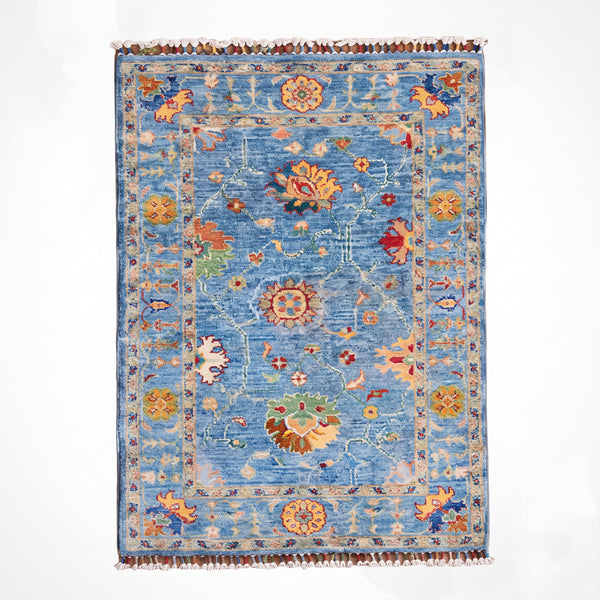 Sultani Çiçekli Orijinal El Dokuması Mavi Kök Boya Yün Halı 0.81x117 0.95 Metrekare - 3x4 ft