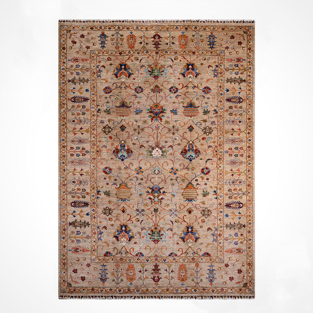Sultani Binbirgece Orijinal El Dokuması Bej Kök Boya Yün Halı 204x302 6.16 Metrekare - 7x10 ft