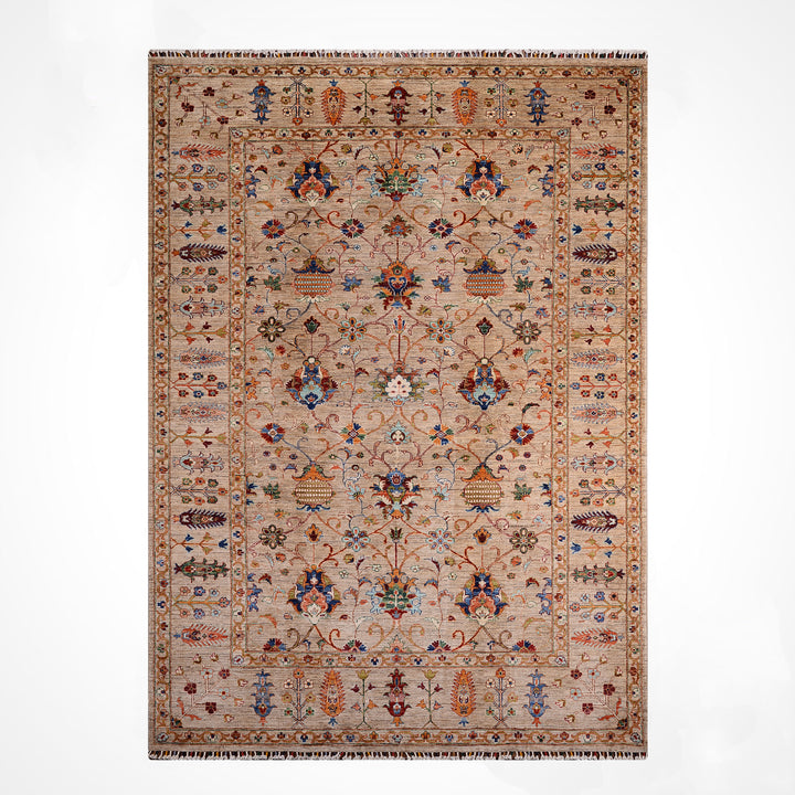 Sultani Binbirgece Orijinal El Dokuması Bej Kök Boya Yün Halı 204x302 6.16 Metrekare - 7x10 ft
