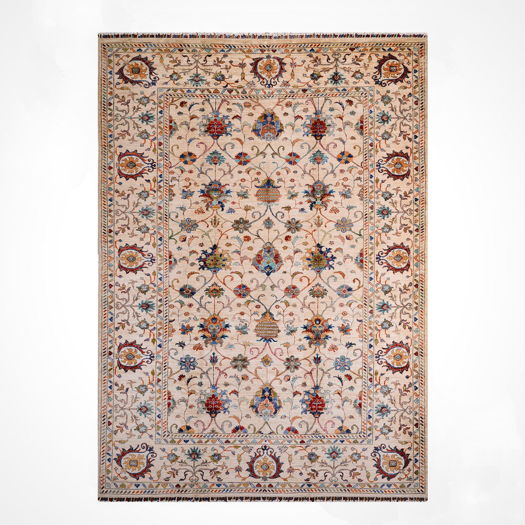 Sultani Binbirgece Orijinal El Dokuması Bej Kök Boya Yün Halı 207x289 5.98 Metrekare - 7x10 ft