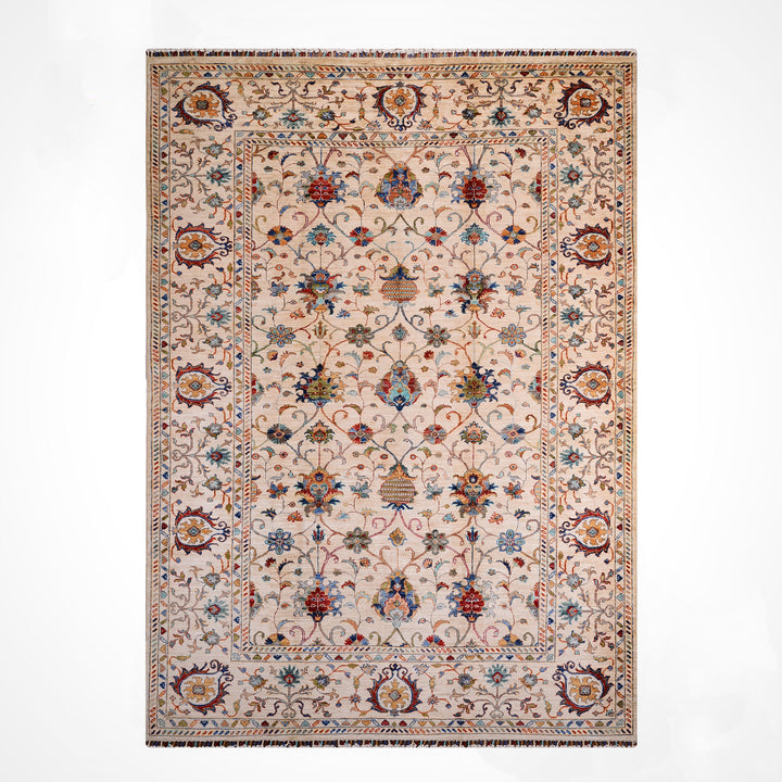 Sultani Binbirgece Orijinal El Dokuması Bej Kök Boya Yün Halı 207x289 5.98 Metrekare - 7x10 ft