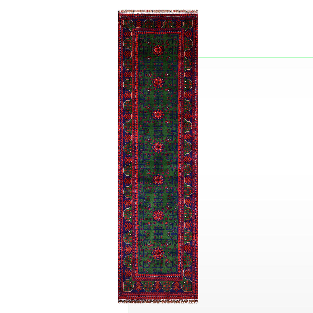 Afgan Halısı Yeşil Hamyap Yolluk Orijinal El Dokuması Kök Boya Yün 0.79x293 2.31 Metrekare - 3x10 ft