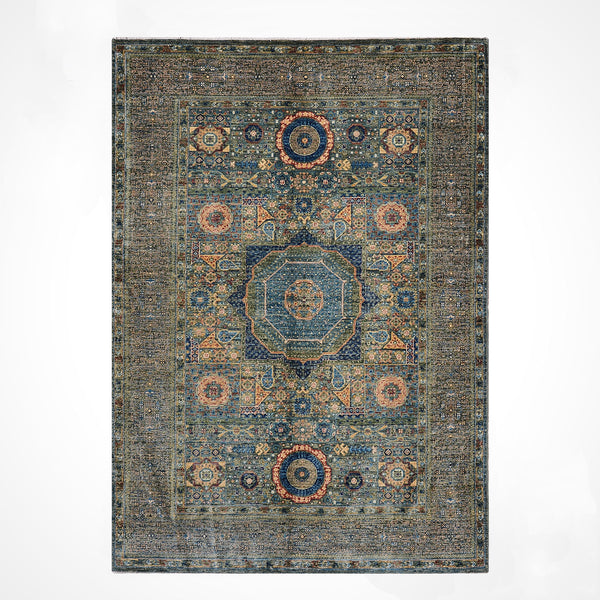 Memlük Orijinal El Dokuması Yeşil Kök Boya Yün Halı 122x195 2.38 Metrekare - 4x6 ft