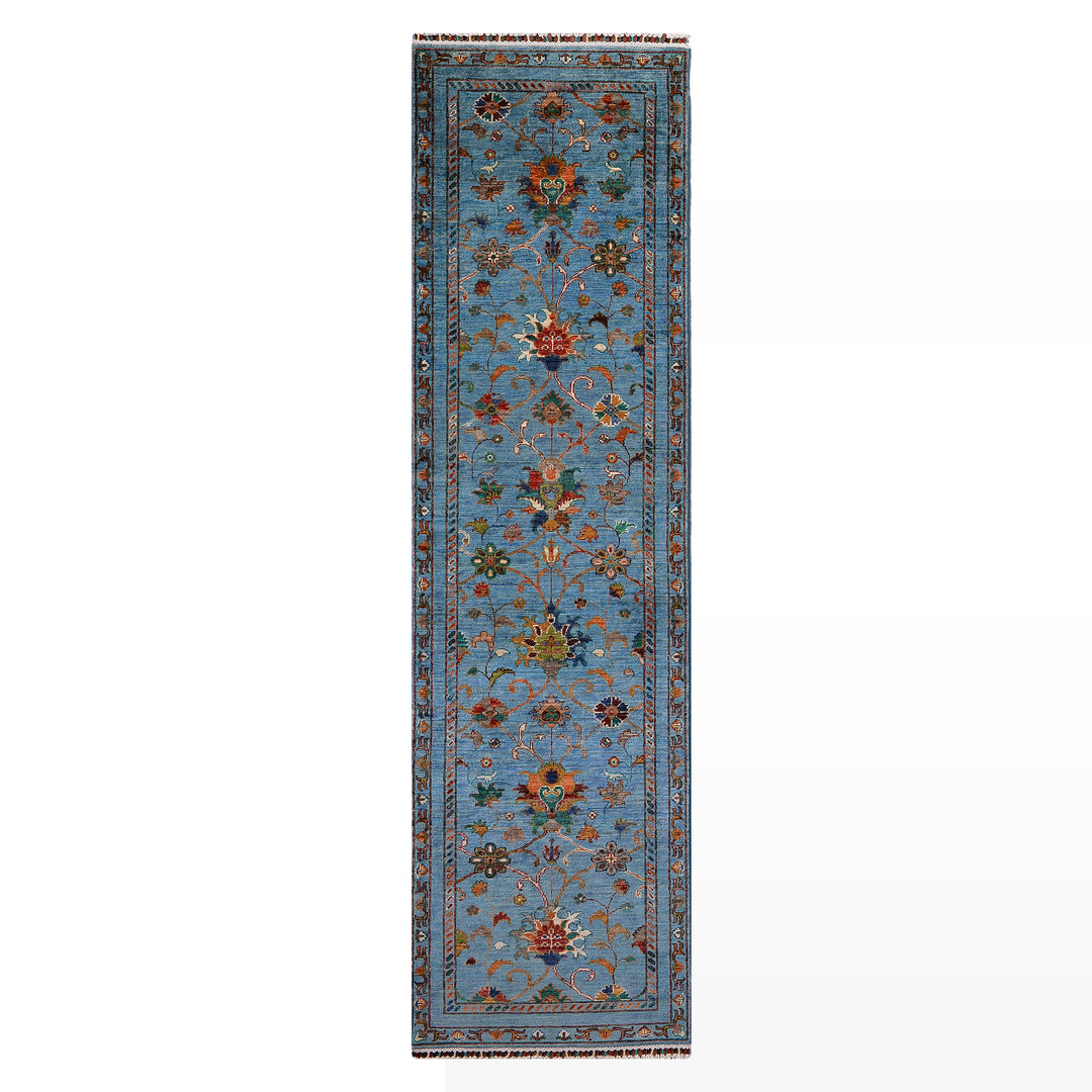 Sultani Binbirgece Yolluk Orijinal El Dokuması Mavi Kök Boya Yün Halı 0.80x296 2.37 Metrekare - 3x10 ft