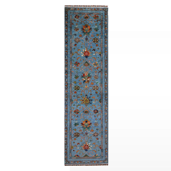 Sultani Binbirgece Yolluk Orijinal El Dokuması Mavi Kök Boya Yün Halı 0.80x296 2.37 Metrekare - 3x10 ft