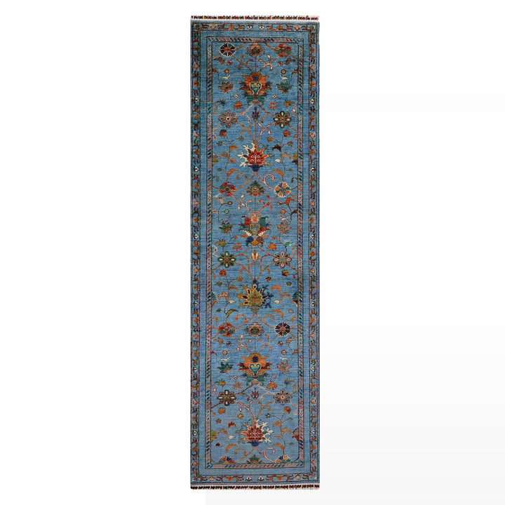 Sultani Binbirgece Yolluk Orijinal El Dokuması Mavi Kök Boya Yün Halı 0.80x296 2.37 Metrekare - 3x10 ft