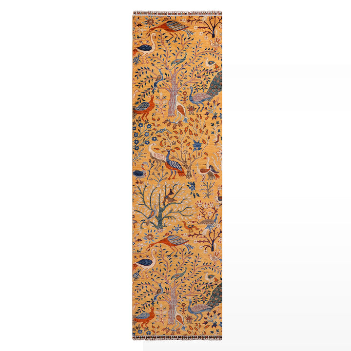 Kuş Orijinal El Dokuması Yolluk Sarı Kök Boya Yün Halı 0.85x285 2.42 Metrekare - 3x10 ft