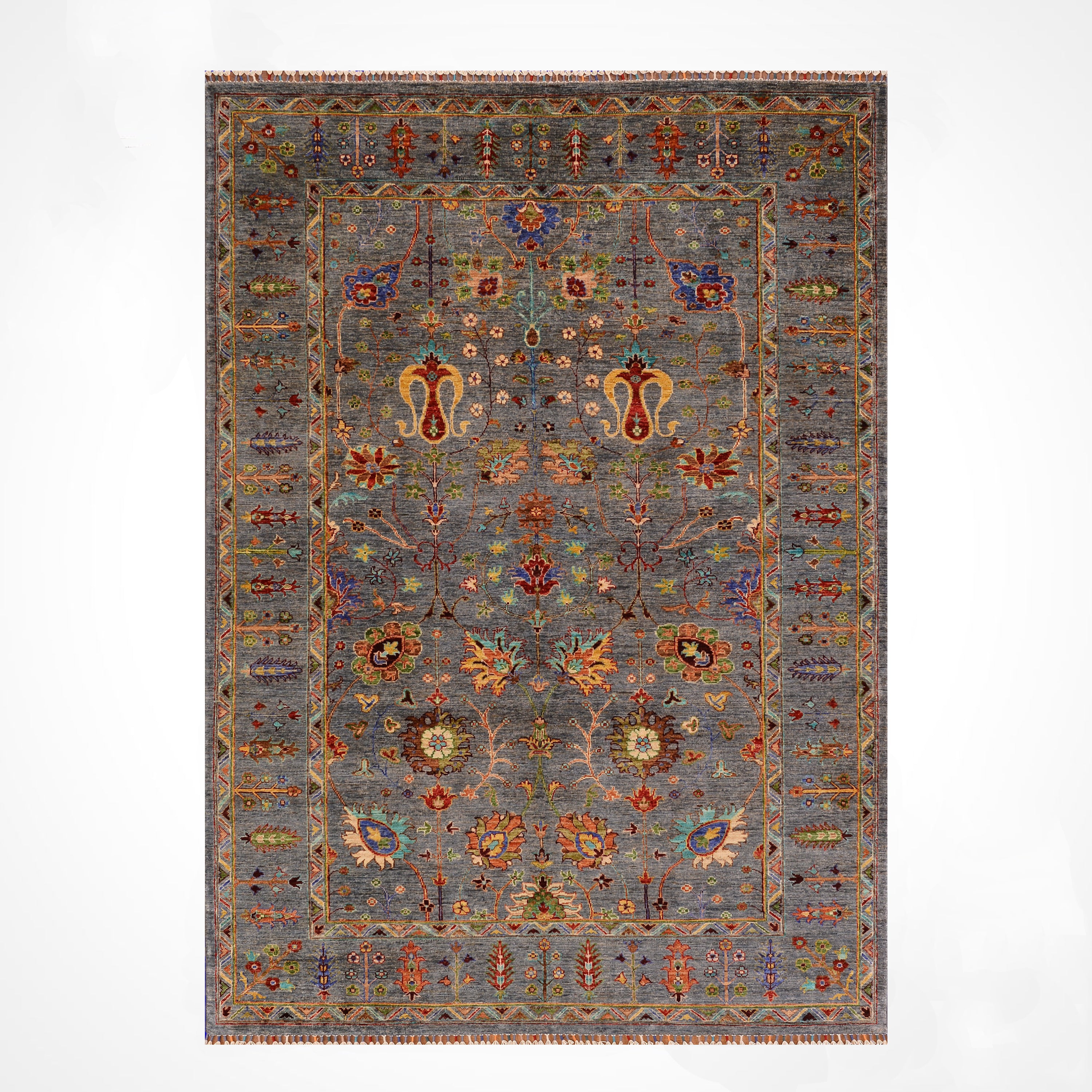 Sultani Floral Original Hand Woven Gray Vegetable Dyed Wool Carpet 177x264 4.67 Square Meters - 6x9 ft