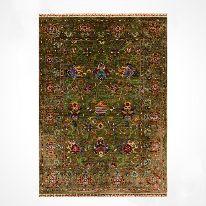 Sultani Binbirgece Orijinal El Dokuması Yeşil Kök Boya Yün Halı 146x208 3.04 Metrekare - 5x7 ft