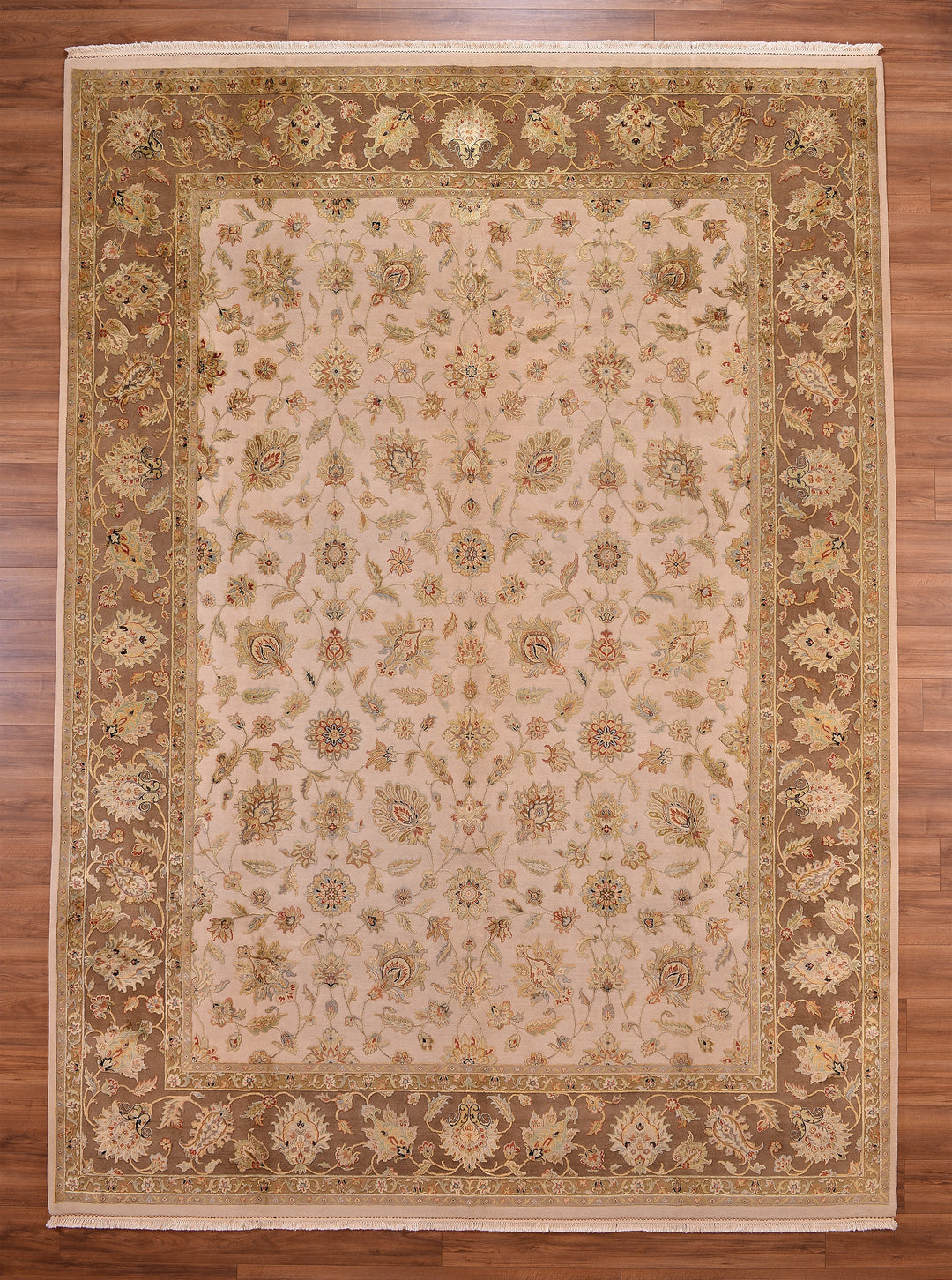 Indian Owl Original Hand Woven Beige Cream Wool Silk Carpet 308x427 13.15 Square Meters - 10x14 ft