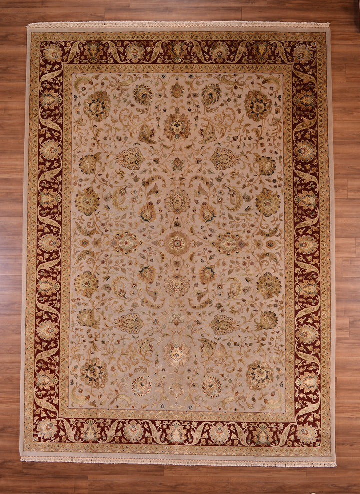 Indian Owl Original Hand Woven Beige Red Wool Silk Carpet 305x426 12.99 Square Meters - 10x14 ft