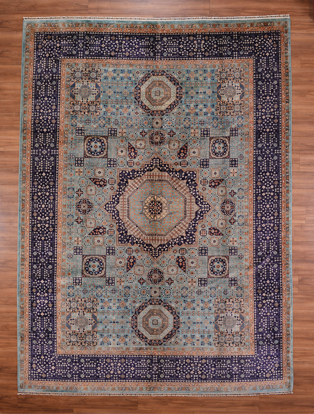 Mamluk Original Hand Woven Turquoise Navy Blue Vegetable Dyed Wool Carpet 311x418 13 Square Meters - 10x14 ft