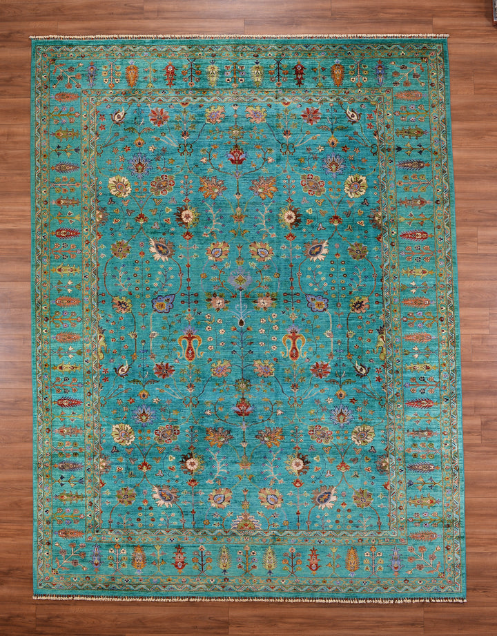 Sultani Binbirgece Orjinal El Dokuması Turkuaz Kök Boya Yün Halı 307x402 12.34 Metrekare - 10x14 ft