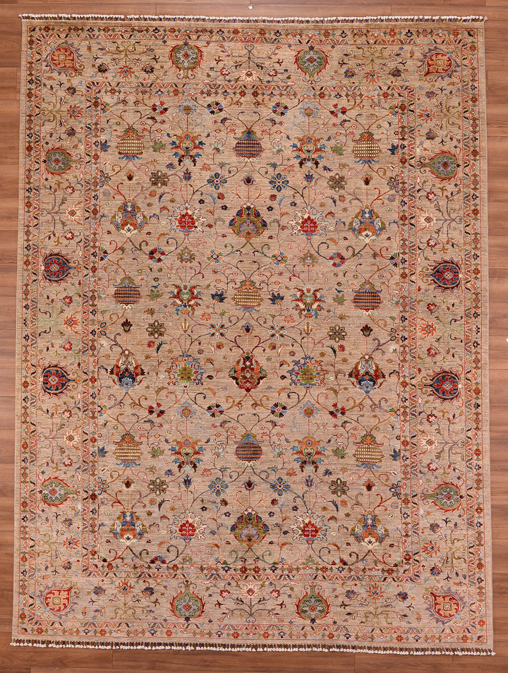 Sultani Binbirgece Orjinal El Dokuması Bej Kök Boya Yün Halı 272x357 9.71 Metrekare - 9x12 ft