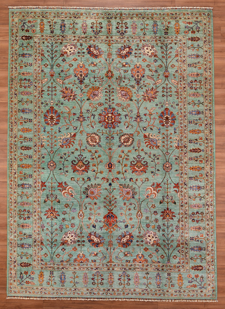 Sultani Çiçekli Orjinal El Dokuması Turkuaz Kök Boya Yün Halı 252x350 8.82 Metrekare - 9x12 ft