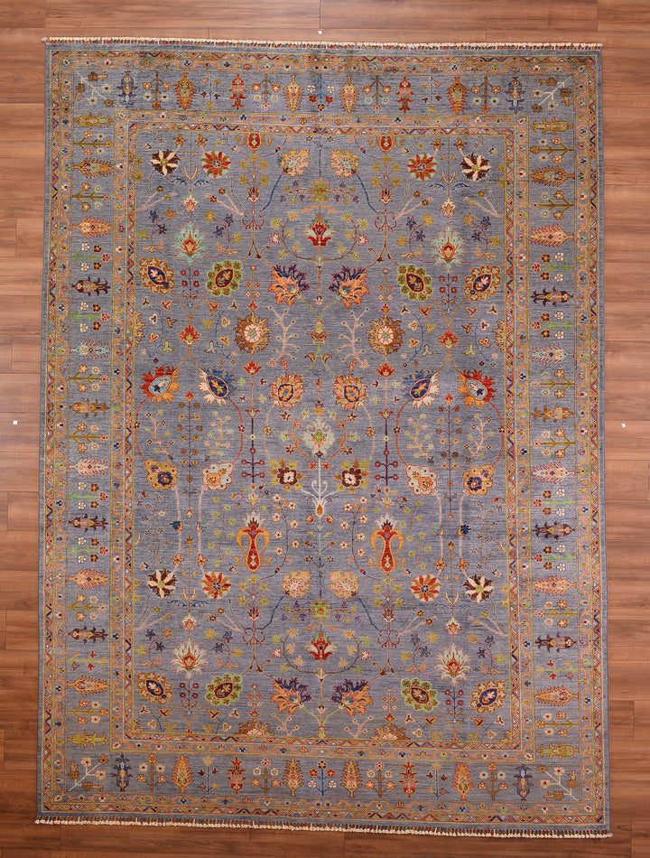 Sultani Çiçekli Orjinal El Dokuması Gri Kök Boya Yün Halı 276x378 10.43 Metrekare - 10x14 ft