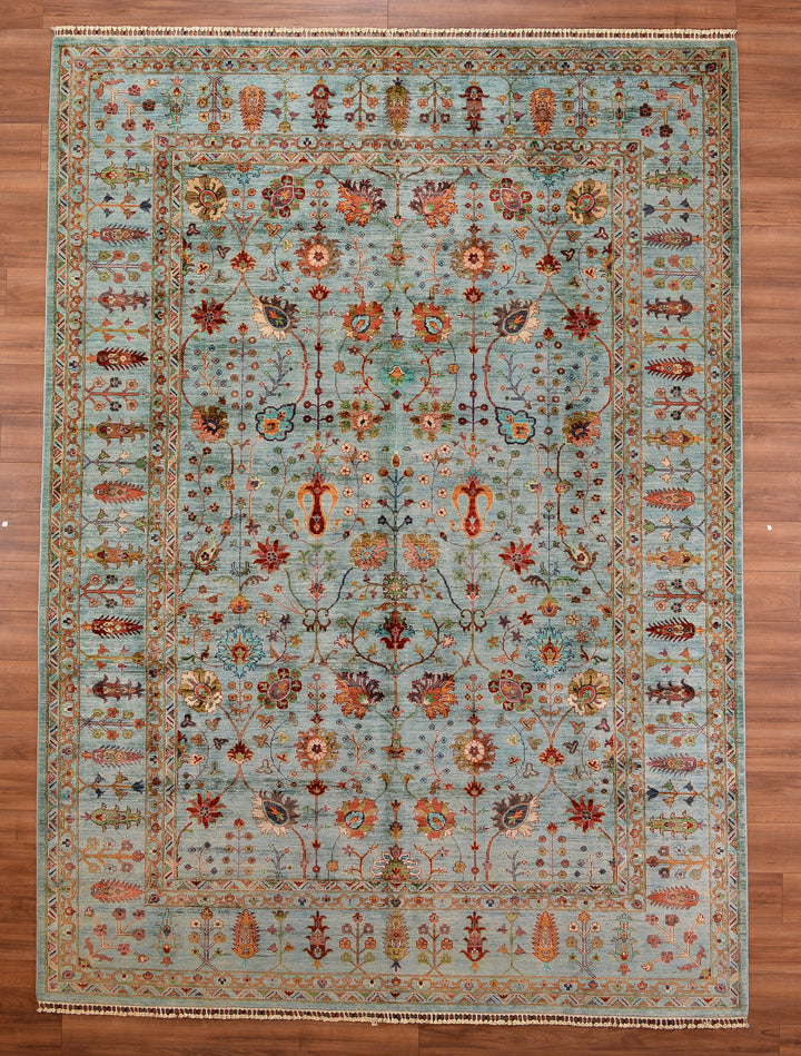 Sultani Çiçekli Orjinal El Dokuması Turkuaz Kök Boya Yün Halı 273x377 10.29 Metrekare - 10x14ft