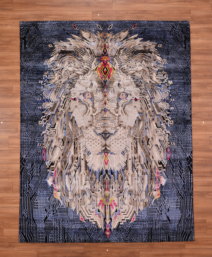 Lion Carpet Original Hand Woven Black Wool Silk Carpet 237x304 7.20 Square Meters - 8x10 ft