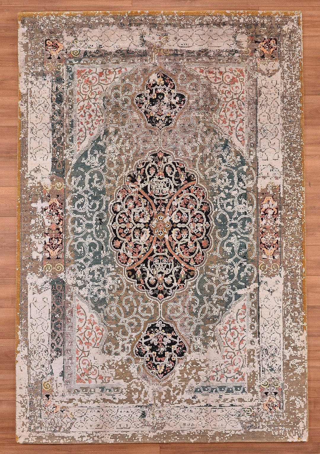 Oxidised Original Hand Woven Multi Wool Silk Carpet 185x275 5.09 Square Meters - 6x9 ft