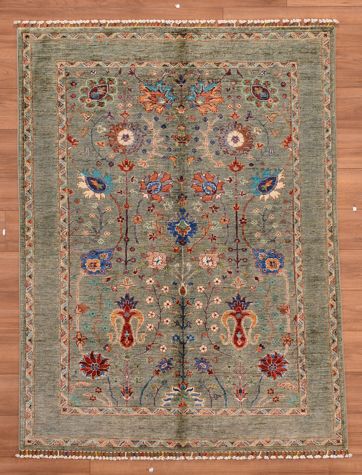 Sultani Floral Original Hand Woven Green Vegetable Dyed Wool Carpet 151x201 3.04 Square Meters - 5x6 ft