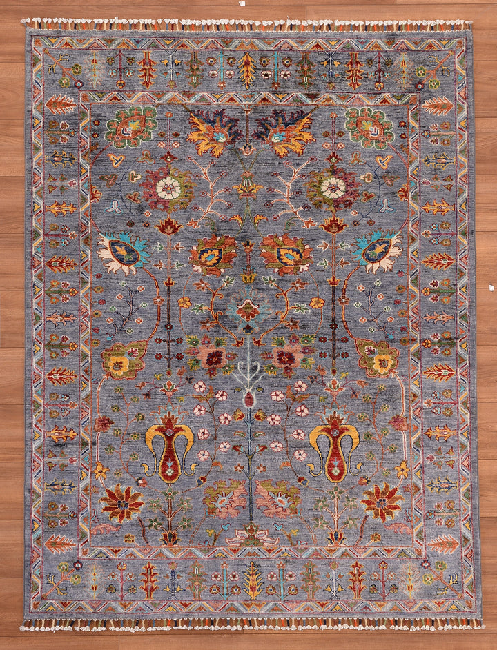 Sultani Floral Original Hand Woven Gray Vegetable Dyed Wool Carpet 152x198 3.01 Square Meters - 5x6 ft