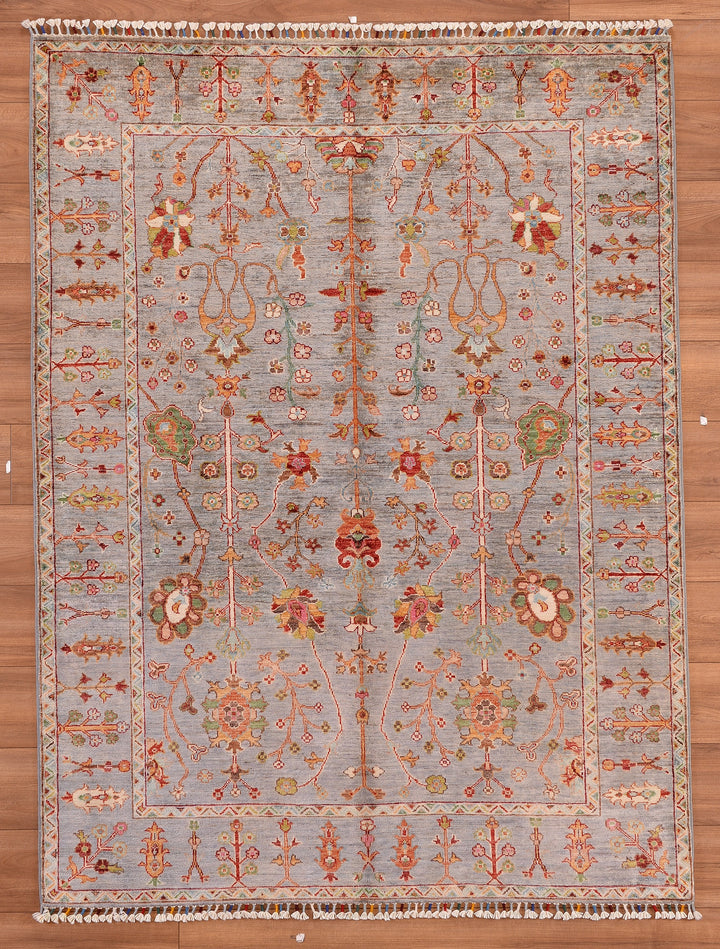 Sultani Çiçekli Orjinal El Dokuması Gri Kök Boya Yün Halı 155x206 3.19 Metrekare - 5x6 ft