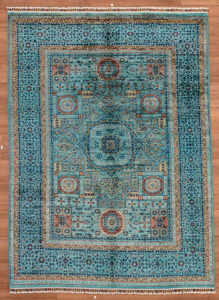 Mamluk Original Hand Woven Turquoise Vegetable Dyed Wool Carpet 152x207 3.15 Square Meters - 5x6 ft