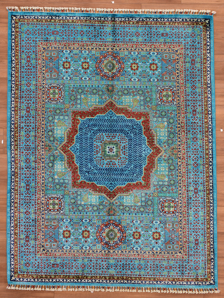 Mamluk Original Hand Woven Turquoise Vegetable Dyed Wool Carpet 158x207 3.27 Square Meters - 5x6 ft