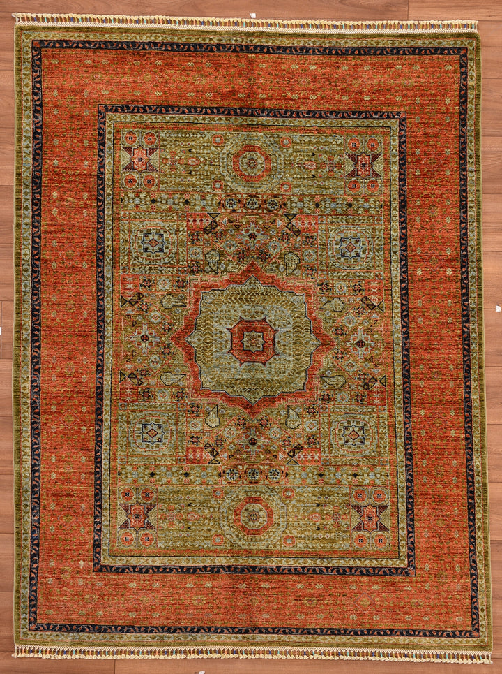 Mamluk Original Hand Woven Orange Green Vegetable Dyed Wool Carpet 157x205 3.22 Square Meters - 5x6 ft