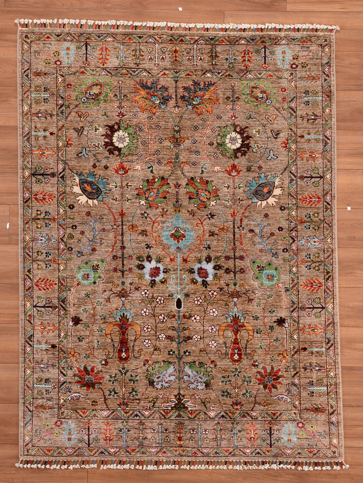 Sultani Floral Original Hand Woven Beige Vegetable Dyed Wool Carpet 155x207 3.21 Square Meters - 5x6 ft