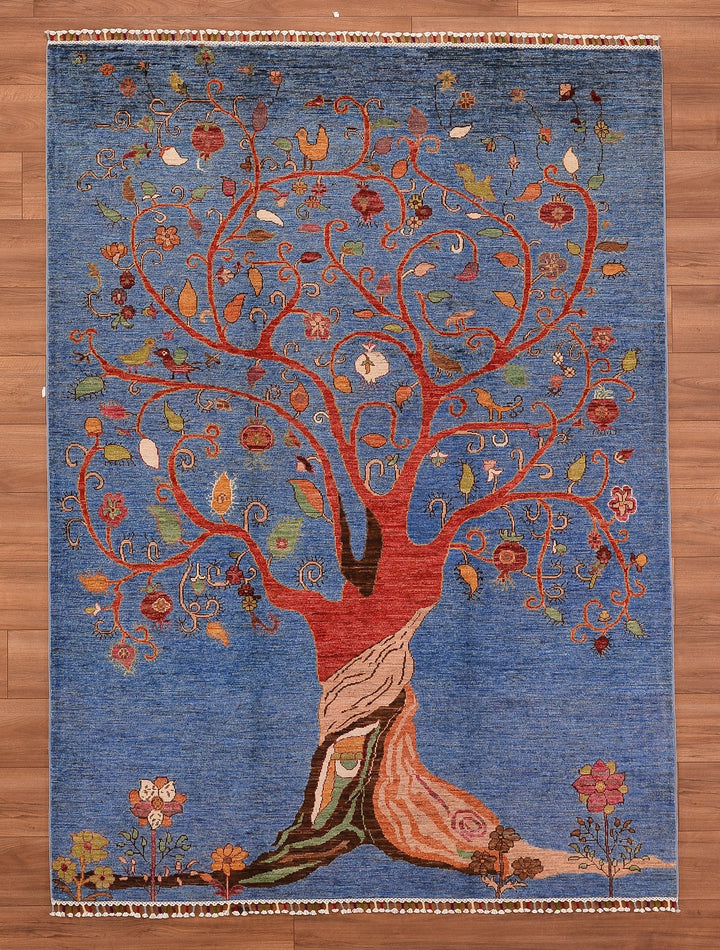 سجادة صوفية منسوجة يدويًا من Blue Tree of Life Original Root Dye مقاس 175 × 240 4.20 متر مربع - 6 × 8 قدم 