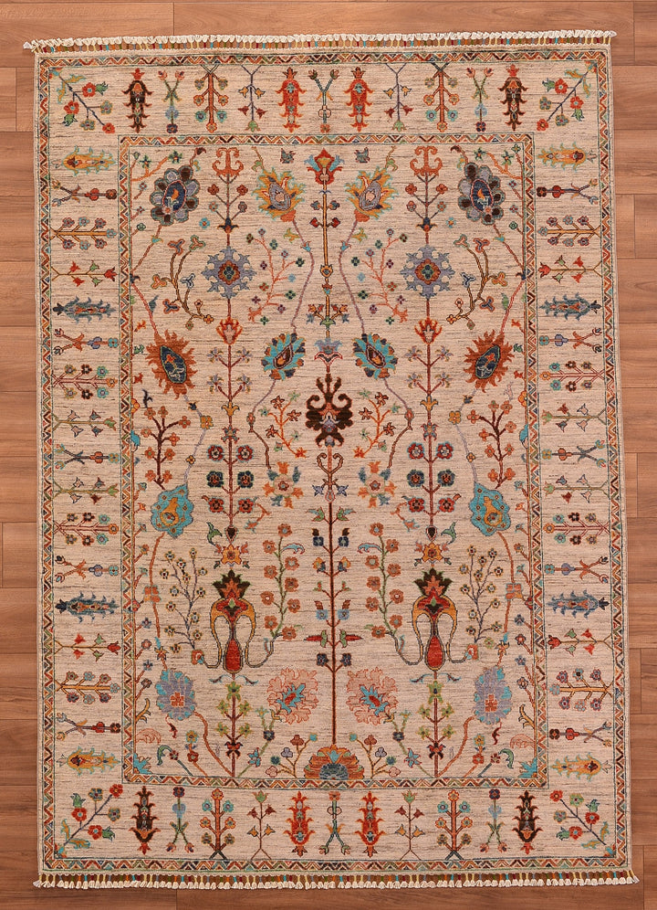 Sultani Çiçekli Orjinal El Dokuması Bej Kök Boya Yün Halı 174x244 4.25 Metrekare - 6x8 ft