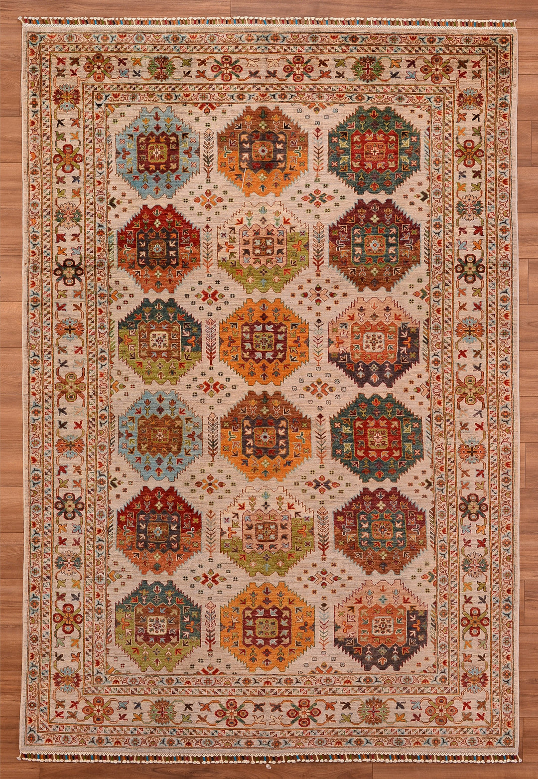 Veziri Orjinal El Dokuması Bej Kök Boya Yün Halı 206x304 6.26 Metrekare - 6x9 ft