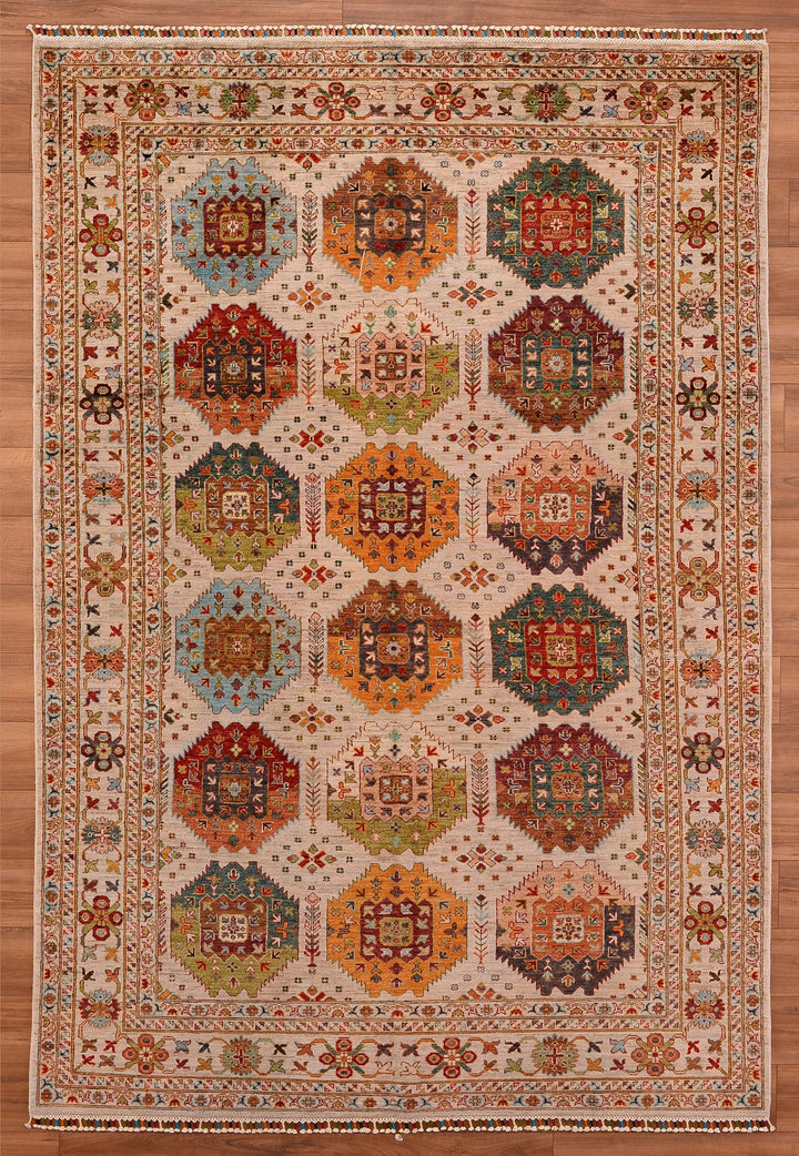 Veziri Original Hand Woven Beige Vegetable Dyed Wool Carpet 206x304 6.26 Square Meters - 6x9 ft