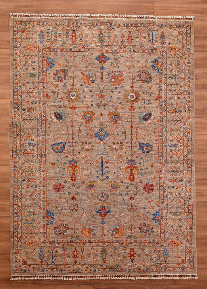 Sultani Çiçekli Orjinal El Dokuması Bej Kök Boya Yün Halı 214x295 6.31 Metrekare - 6x9 ft