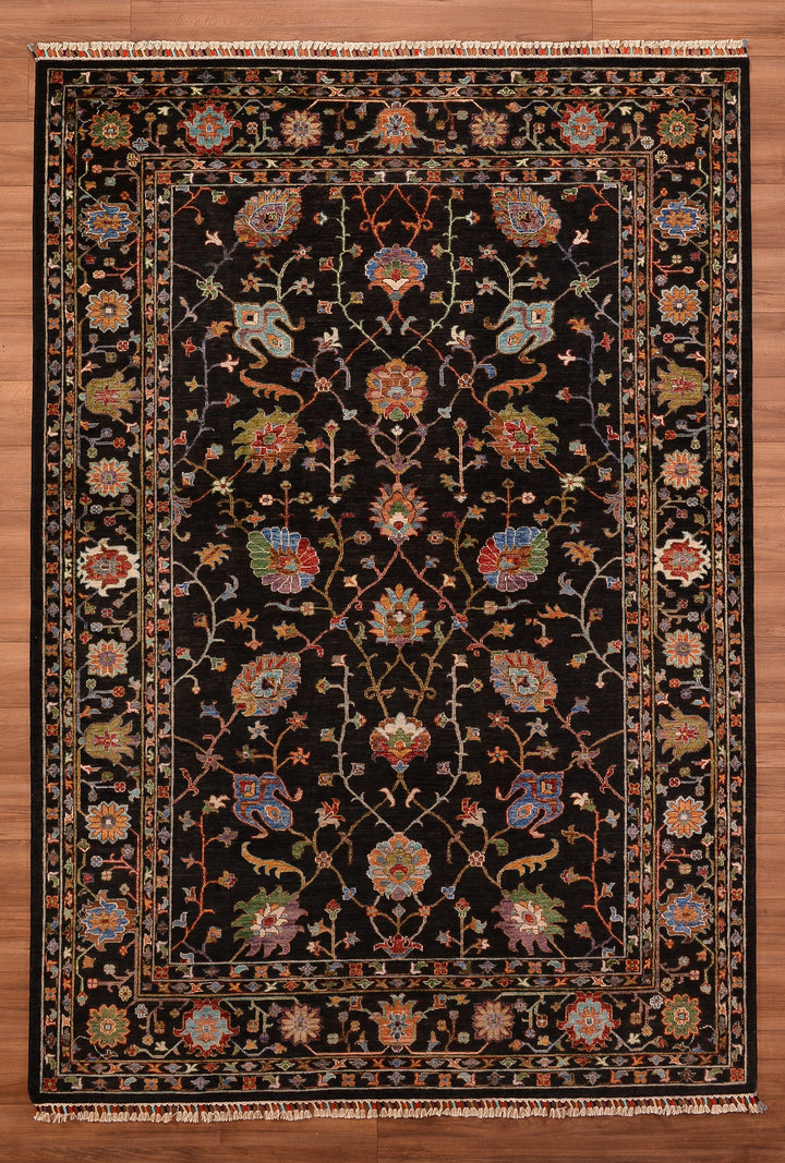 Sultani Çiçekli Orjinal El Dokuması Siyah Kök Boya Yün Halı 214x308 6.59 Metrekare - 6x9 ft