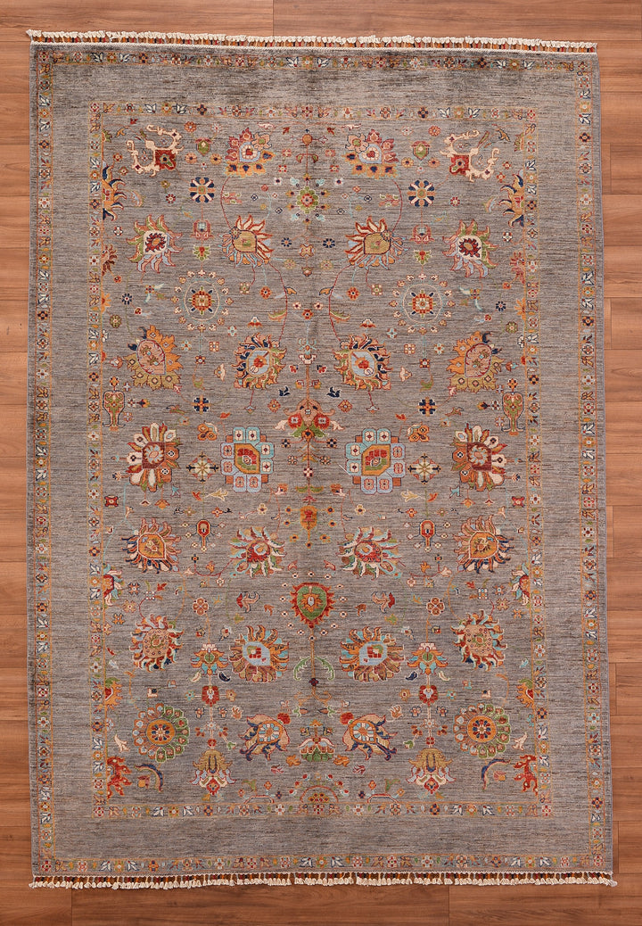 Sultani Çiçekli Orjinal El Dokuması Gri Kök Boya Yün Halı 213x303 6.45 Metrekare - 6x9 ft