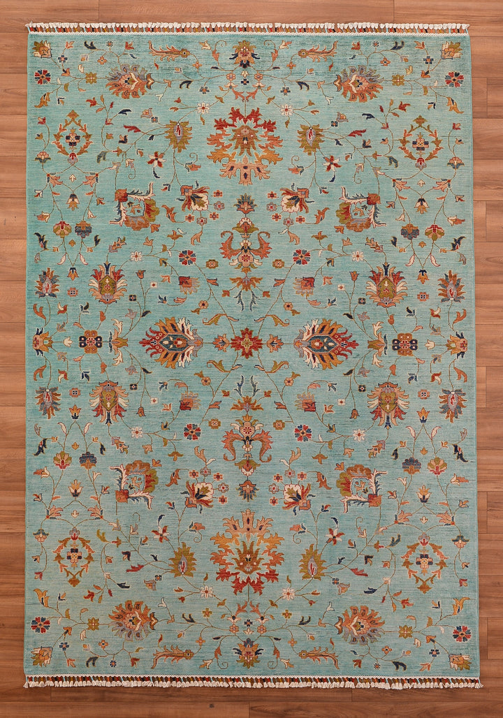 Sultani Binbirgece Original Hand Woven Turquoise Vegetable Dyed Wool Carpet 208x297 6.18 Square Meters - 6x9 ft