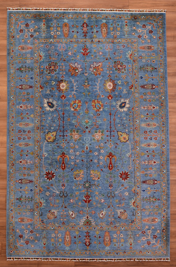 Sultani Floral Original Hand Woven Blue Vegetable Dyed Wool Carpet 203x307 6.23 Square Meters - 6x10 ft