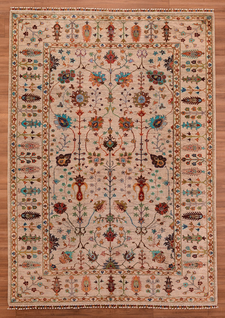 Sultani Floral Original Hand Woven Beige Vegetable Dyed Wool Carpet 210x295 6.20 Square Meters - 6x10 ft