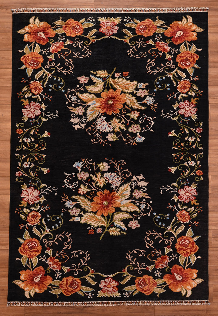 Karabakh Original Hand Woven Black Vegetable Dyed Wool Carpet 213x308 6.56 Square Meters -7x10 ft