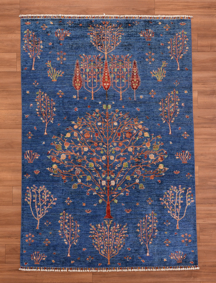 Sultani Tree of Life Original Hand Woven Blue Vegetable Dyed Wool Carpet 174x250 4.35 Square Meters - 5x6 ft