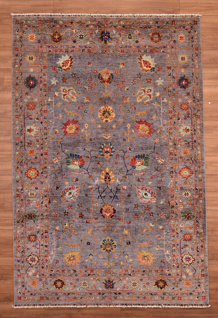 Sultani Floral Original Hand Woven Gray Vegetable Dyed Wool Carpet 208x309 6.43 Square Meters - 7x10 ft