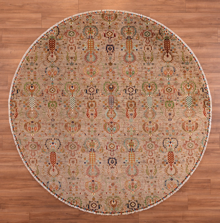 Sultani Binbirgece Round Original Hand Woven Beige Vegetable Dyed Wool Carpet 251x253 6.35 Square Meters - 8x8 ft