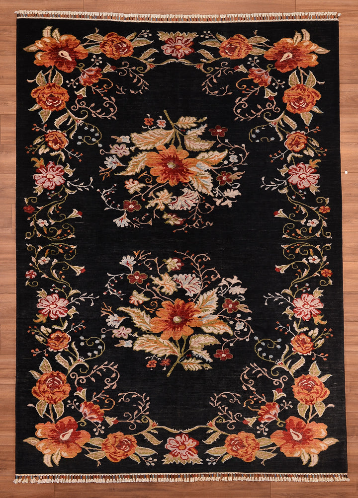 Karabakh Original Hand Woven Black Vegetable Dyed Wool Carpet 210x290 6.09 Square Meters - 7x9 ft