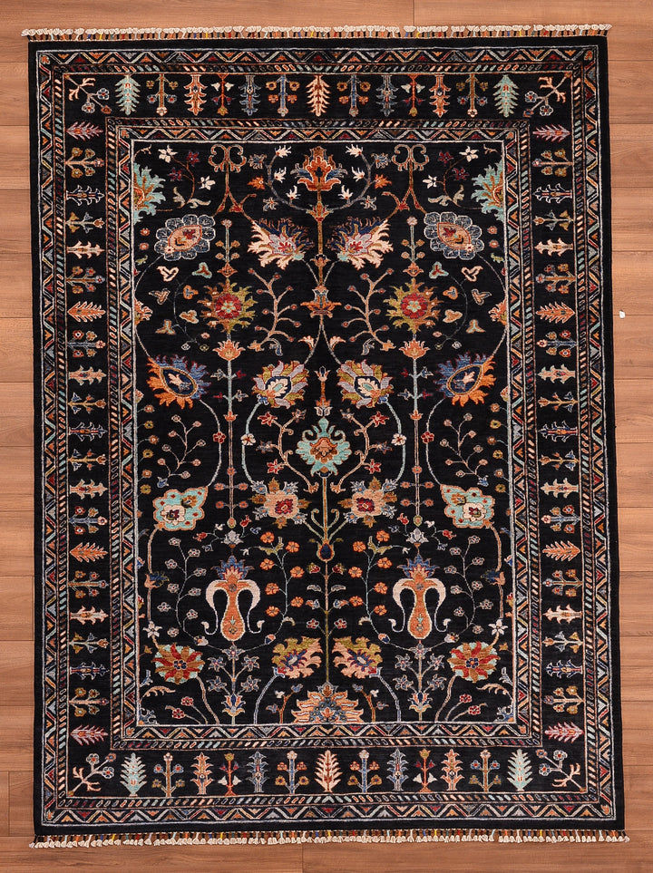 Sultani Çiçekli Orjinal El Dokuması Siyah Kök Boya Yün Halı 174x237 4.12 Metrekare - 5x6 ft