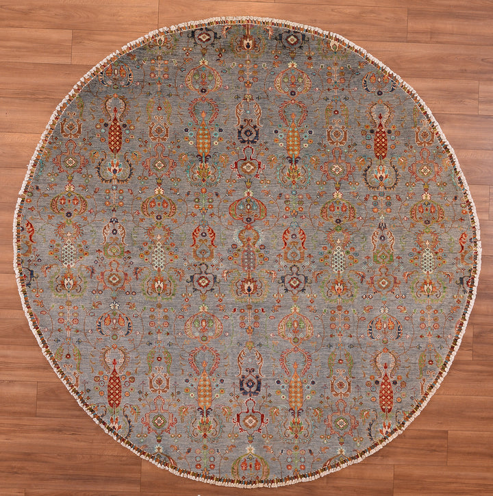 Sultani Binbirgece Round Original Hand Woven Gray Vegetable Dyed Wool Carpet 249x249 6.20 Square Meters - 8x8 ft