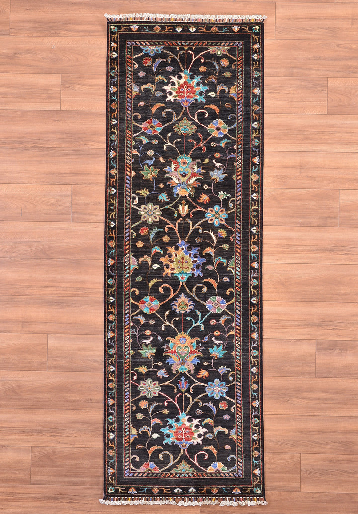 Sultani Binbirgece Yolluk Orjinal El Dokuması Siyah Kök Boya Yün Halı 0.81x244 1.98 Metrekare - 3x8 ft