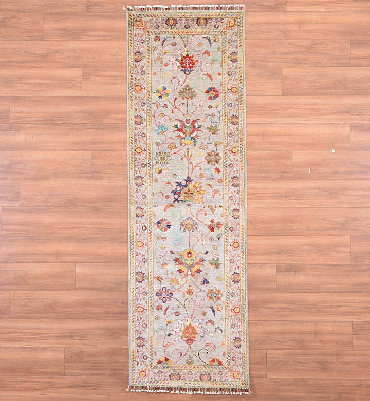 Sultani Floral Runner Original Hand Woven Gray Vegetable Dyed Wool Carpet 0.80x258 2.06 Square Meters - 3x8 ft